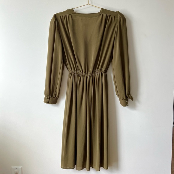 Vintage Midi Olive Green Puff Sleeve Dress, Made in Canada - Picture 2 of 4